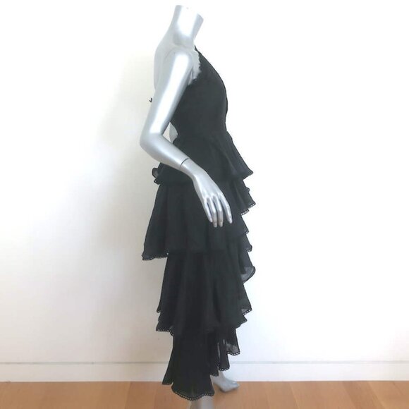 AMUR Lena One-Shoulder Cutout Midi Dress Black Ruffled Linen-Silk Size 00 - Picture 3 of 7